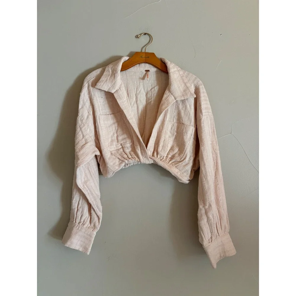 Free People Stay Cool Cropped Pullover Layering Top 100% Cotton Natural Beige S